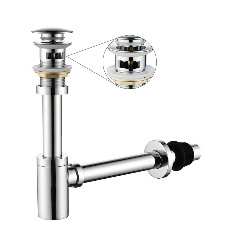 GORDEE Bathroom Sink Stopper P-Trap Complete Set Adjustable 1-1/4 Bottle Trap Solid Brass Sink Drain Kit Tube and Pop Up Drain Stopper Set with Overflow, Polished Chrome - Image 1